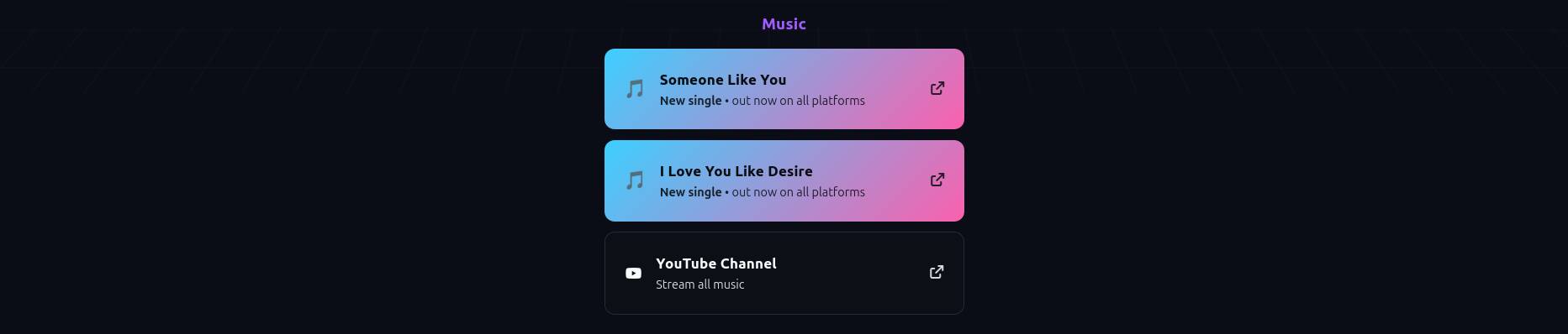 Music section showing a capped set of items with a clear path to external platforms