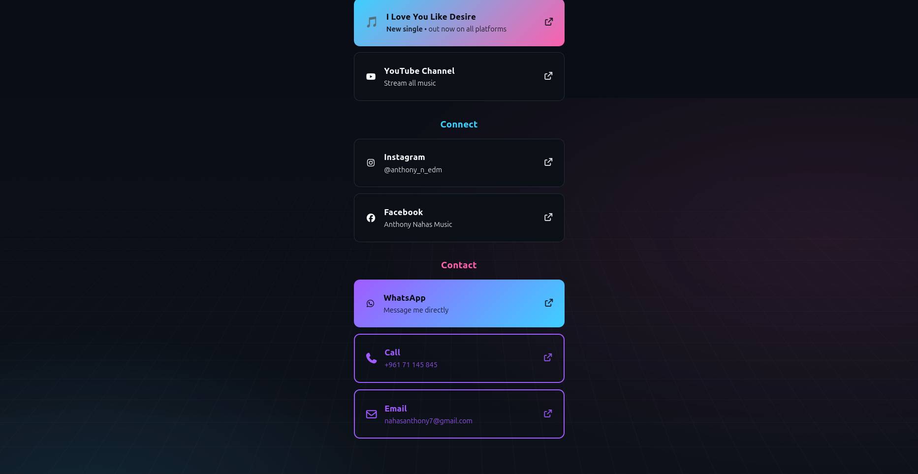 Connect and contact actions kept visible and consistent on the link page