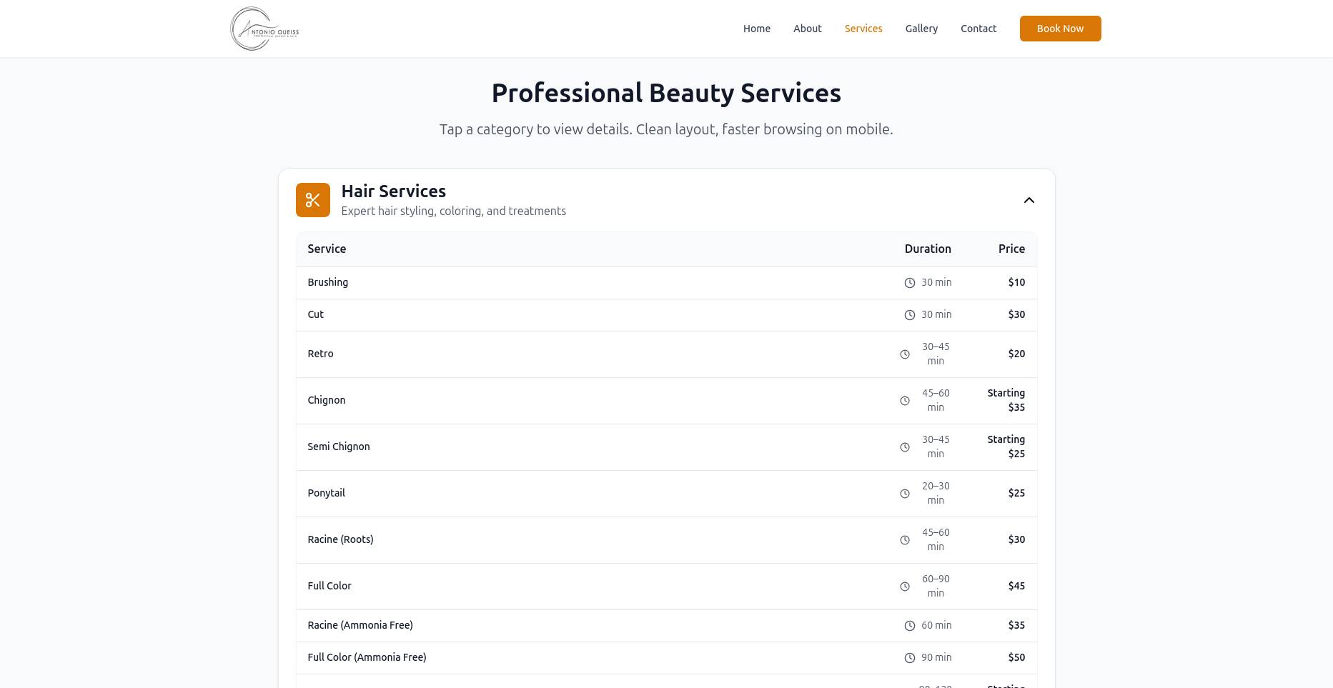 Services page displaying prices clearly to reduce client uncertainty