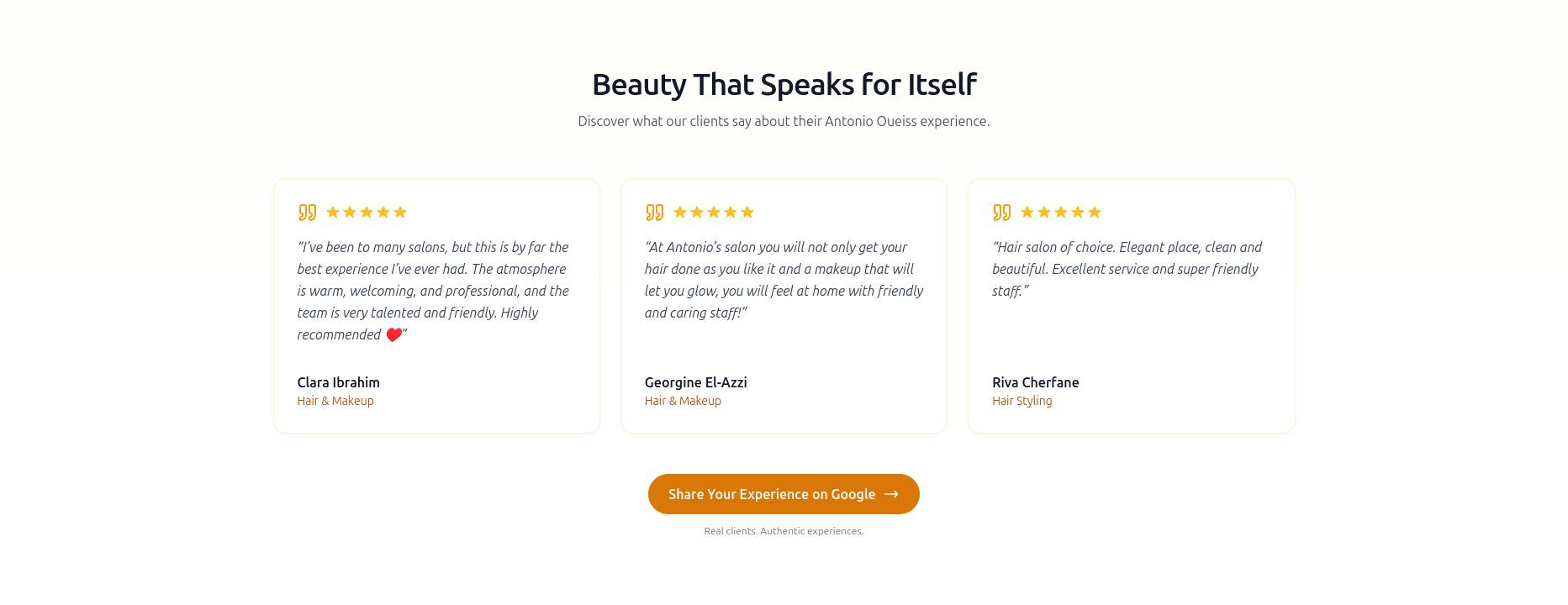 Client reviews and testimonials used to establish trust before contact