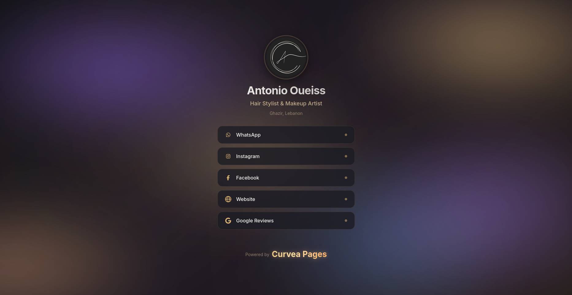 Curvea Pages link page accessed via QR code for reviews and social follow