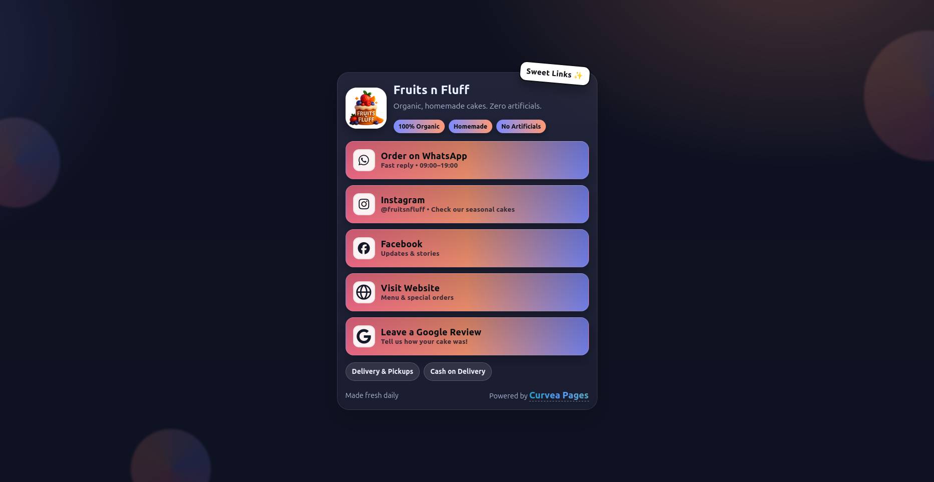 Fruits n Fluff link page showing direct actions to menu, Instagram, reviews, and WhatsApp